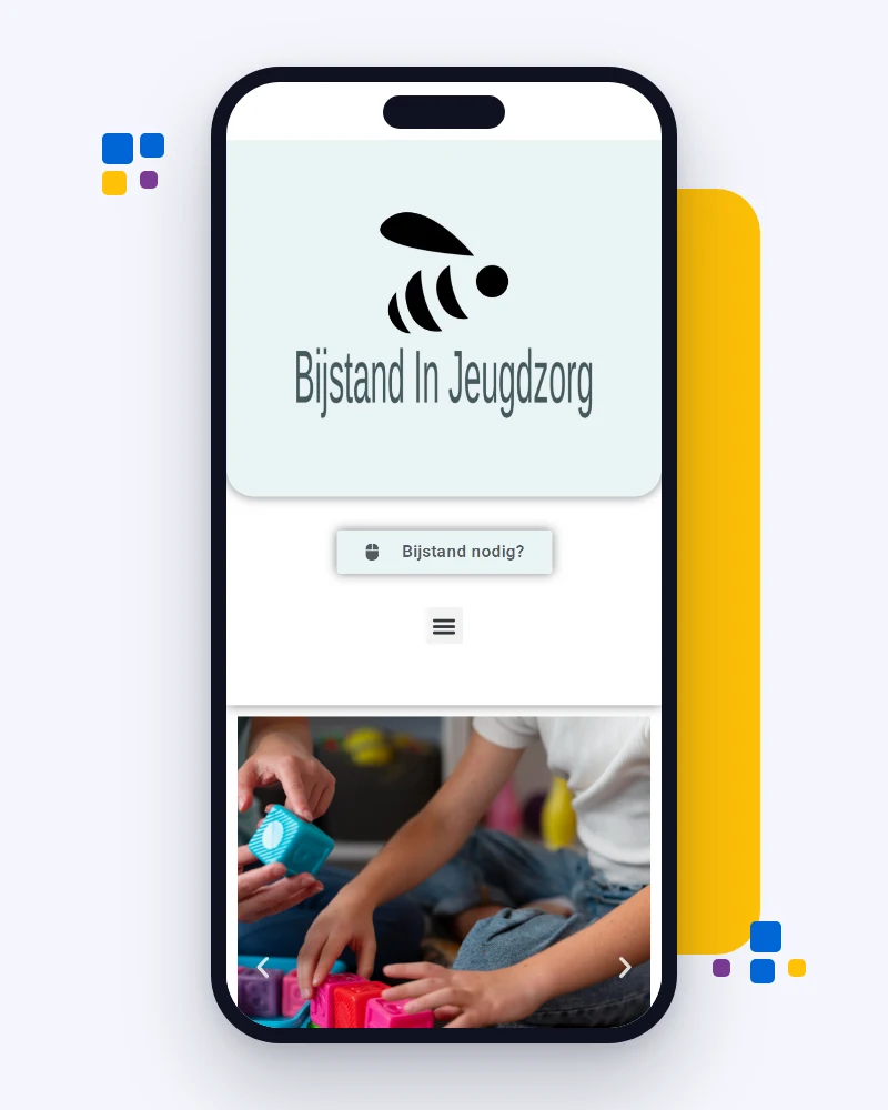 Mobiele weergave van de website van Bijstand in Jeugdzorg met het logo, de knop ‘Bijstand nodig?’ en een foto in de slider