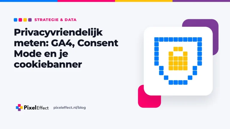 Blogafbeelding over GA4, Consent Mode en je cookiebanner met een pixelicoon van een schild met slot