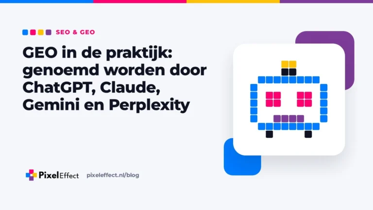 Blogafbeelding over GEO en genoemd worden door AI-assistenten met een pixelicoon van een robot