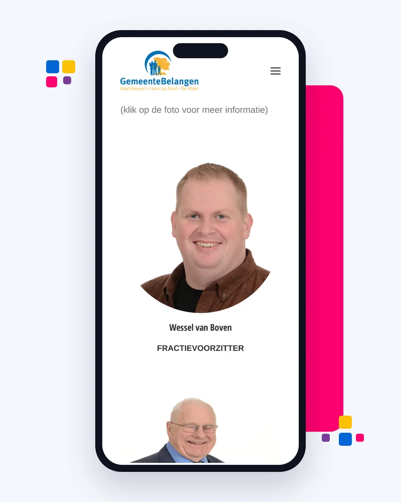 Mobiele weergave van de website van Gemeentebelangen Loon op Zand met de fractieleden en hun foto's