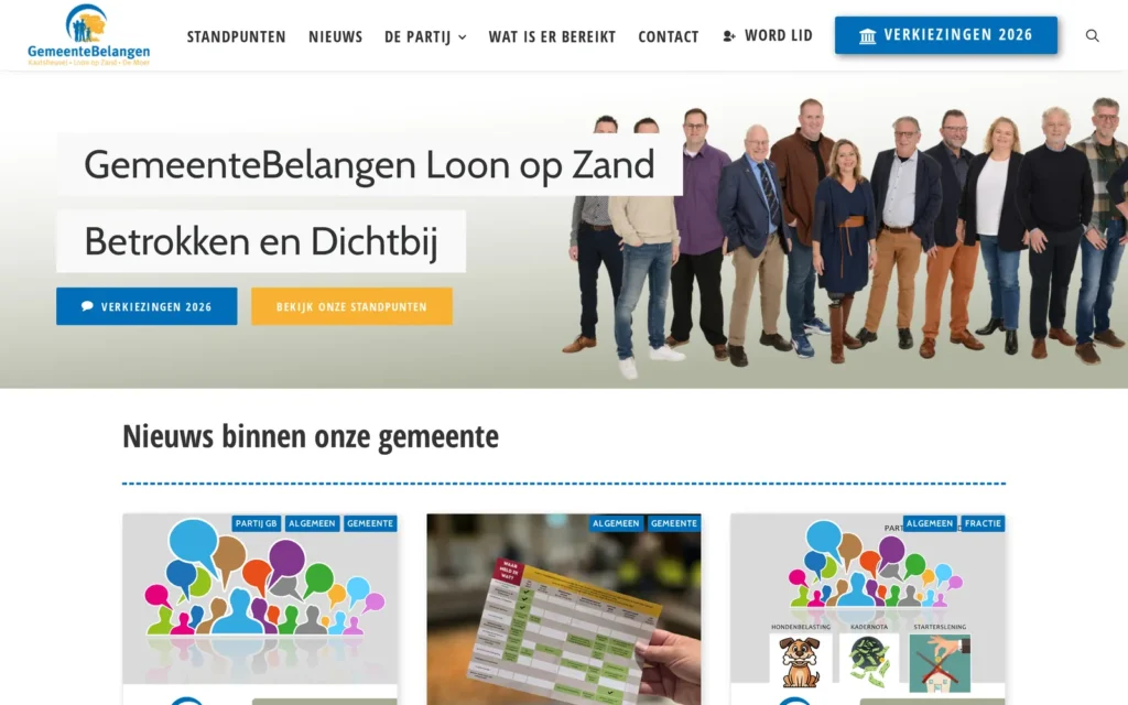 Homepage van de website van Gemeentebelangen Loon op Zand, gemaakt door PixelEffect