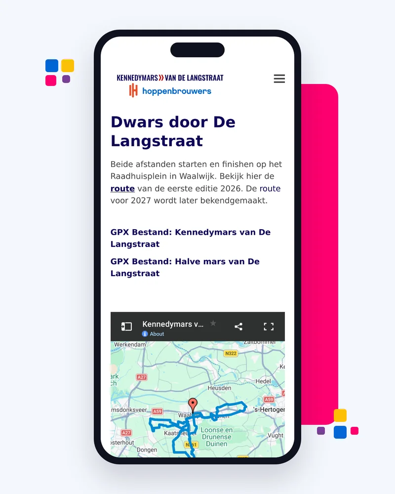Mobiele weergave van de routepagina van de Kennedymars van De Langstraat met GPX-bestanden en de routekaart