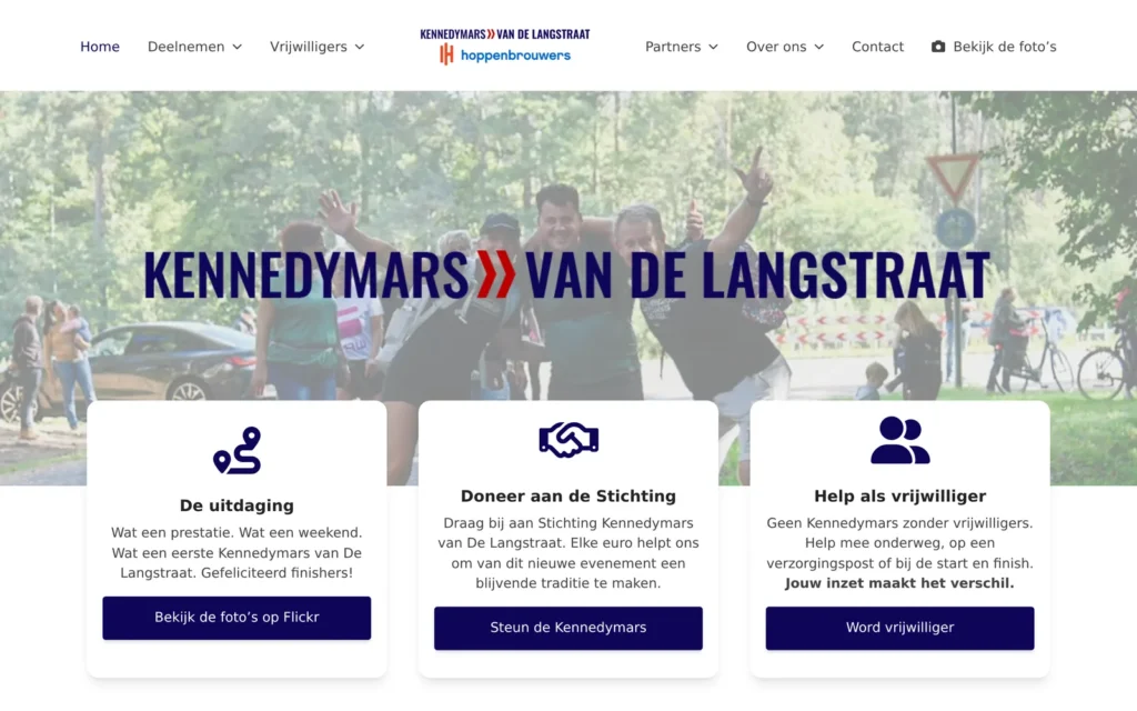 Homepage van de website van de Kennedymars van De Langstraat met de knoppen voor foto's, doneren en vrijwilliger worden