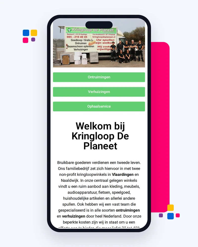 Mobiele weergave van de website van Kringloop De Planeet met knoppen naar ontruimingen, verhuizingen en ophaalservice
