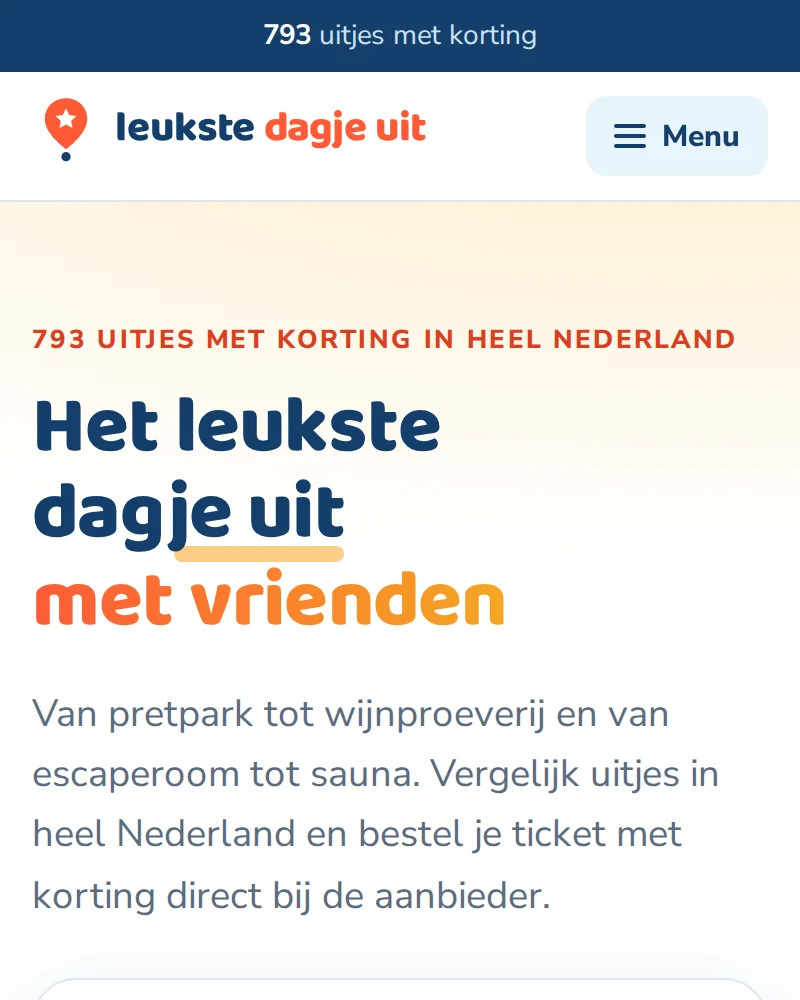Mobiele weergave van de homepage van Leukste dagje uit