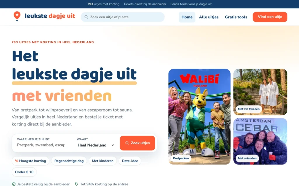 Homepage van Leukste dagje uit met de zoekfunctie voor uitjes met korting
