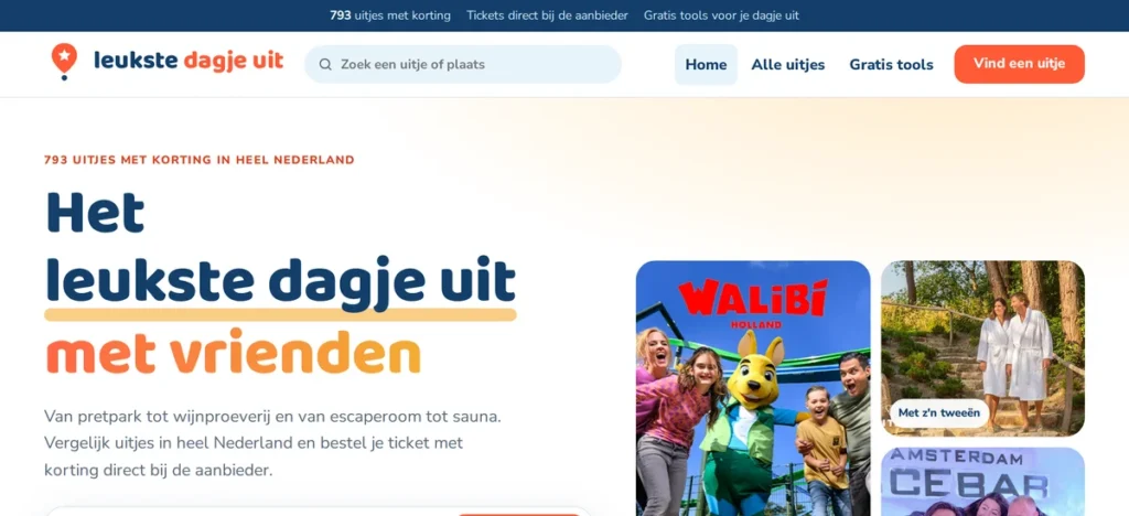 Homepage van Leukstedagjeuit.nl met uitjes met korting in heel Nederland
