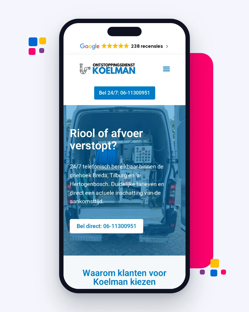 Mobiele weergave van de website van Ontstoppingsdienst Koelman met bovenaan de Google-reviews en de knoppen om direct te bellen