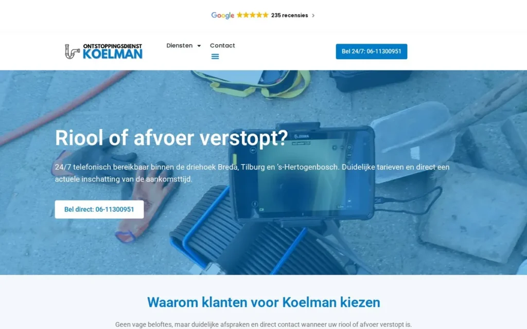 Homepage van de website van Ontstoppingsdienst Koelman, gemaakt door PixelEffect