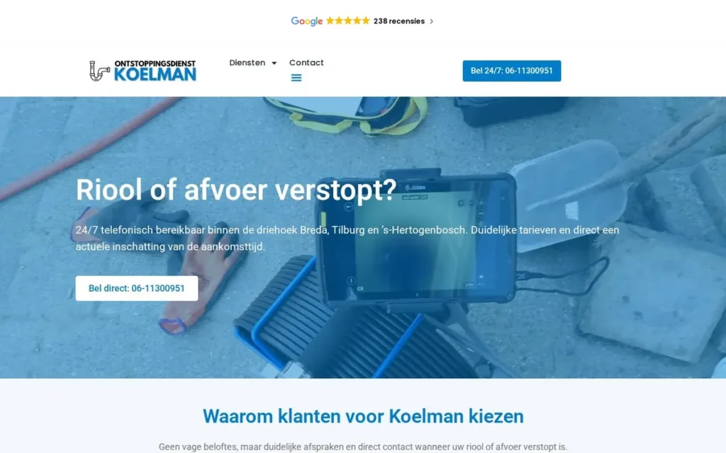 Homepage van de website van Ontstoppingsdienst Koelman, gemaakt door PixelEffect