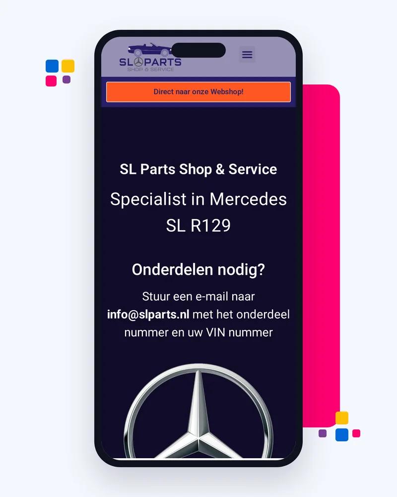 Mobiele weergave van de website van SL Parts Shop & Service met de knop naar de webshop voor SL R129-onderdelen