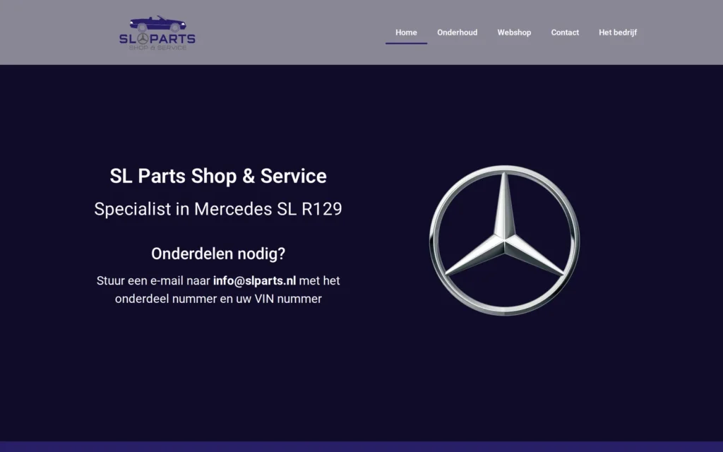 Homepage van de website van SL Parts Shop & Service, specialist in de Mercedes-Benz SL R129