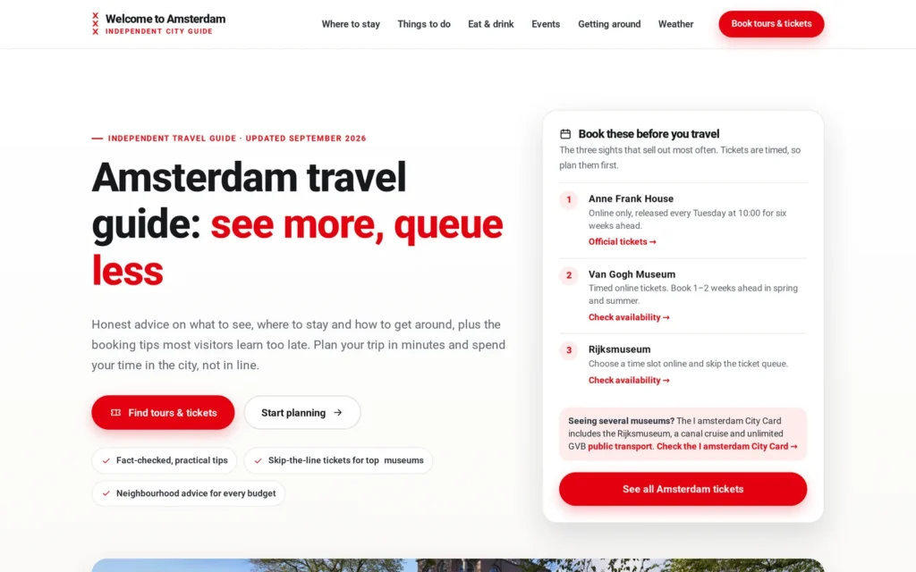 Homepage van Welcometoamsterdam.nl: Engelstalige reisgids voor bezoekers van Amsterdam