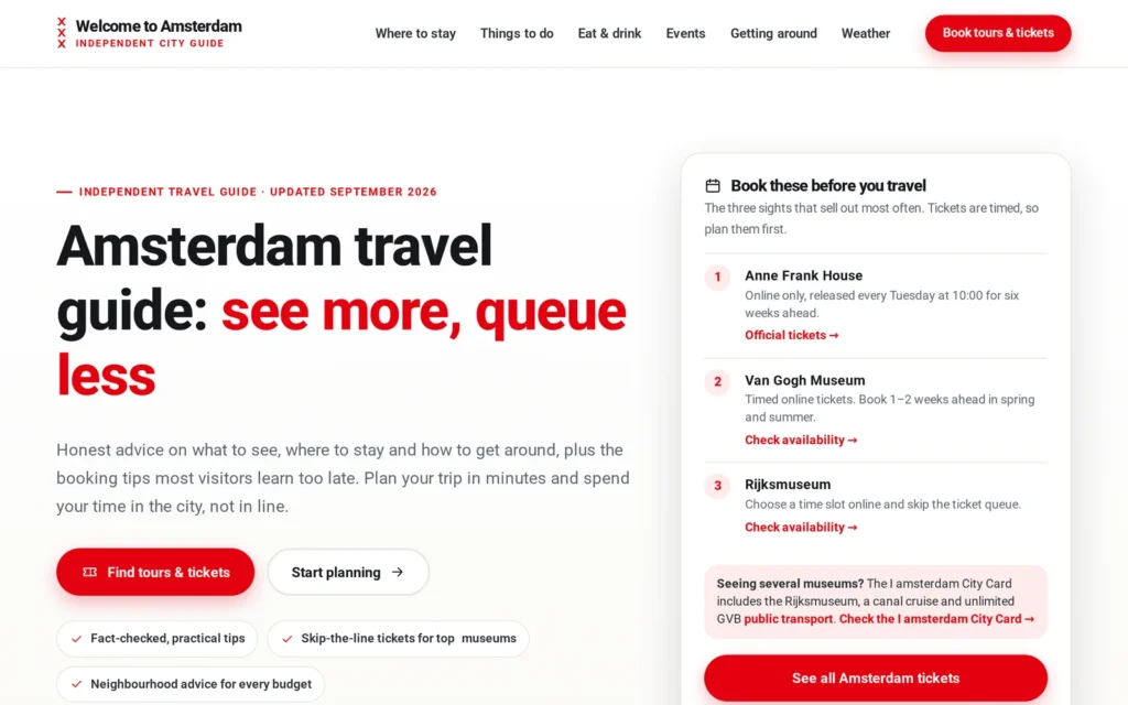 Homepage van Welcome to Amsterdam, de Engelstalige stadsgids