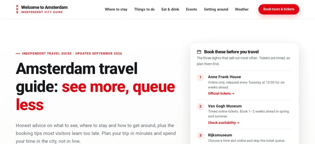 Homepage van Welcometoamsterdam.nl: Engelstalige reisgids voor bezoekers van Amsterdam