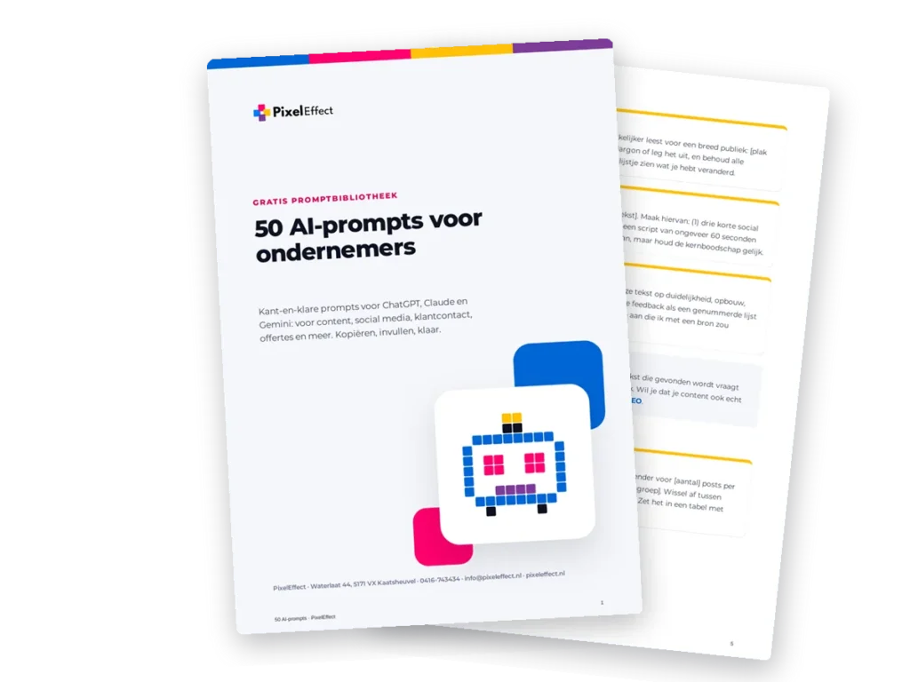 Voorbeeld van de gratis gids met 50 AI-prompts voor ondernemers van PixelEffect