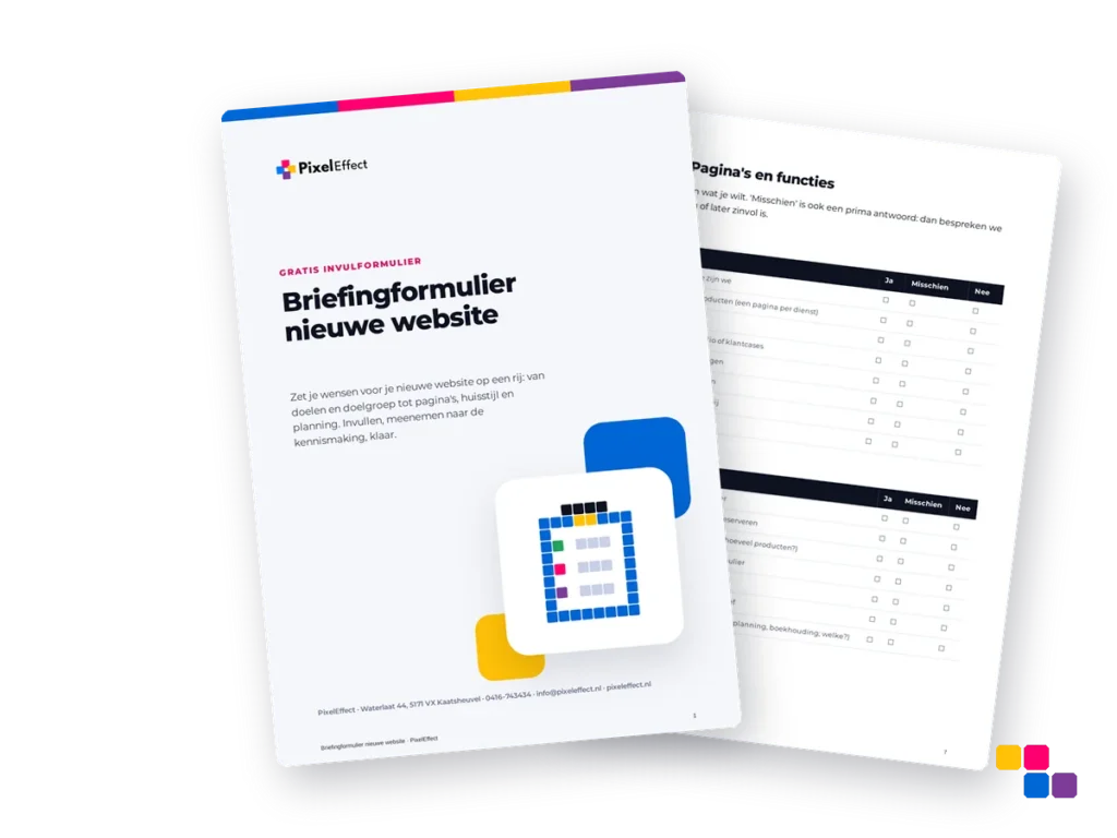Voorbeeld van het gratis briefingformulier voor een nieuwe website van PixelEffect