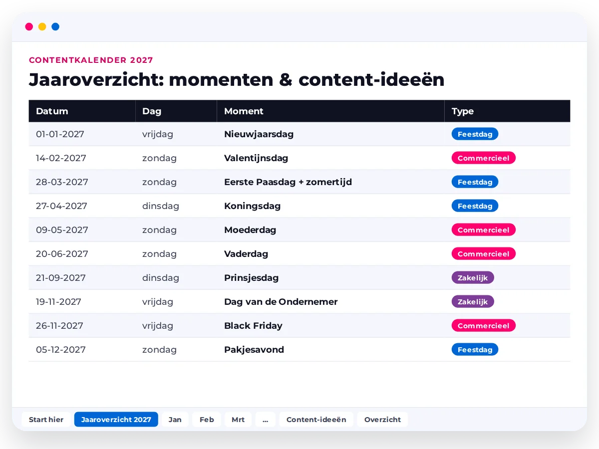 Voorbeeld van de gratis contentkalender 2027 van PixelEffect in Excel
