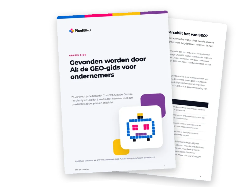 Cover van de gratis GEO-gids van PixelEffect: gevonden worden door AI