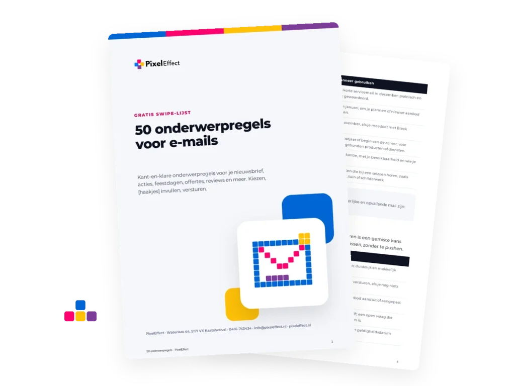 Voorbeeld van de gratis lijst 50 onderwerpregels voor e-mails van PixelEffect
