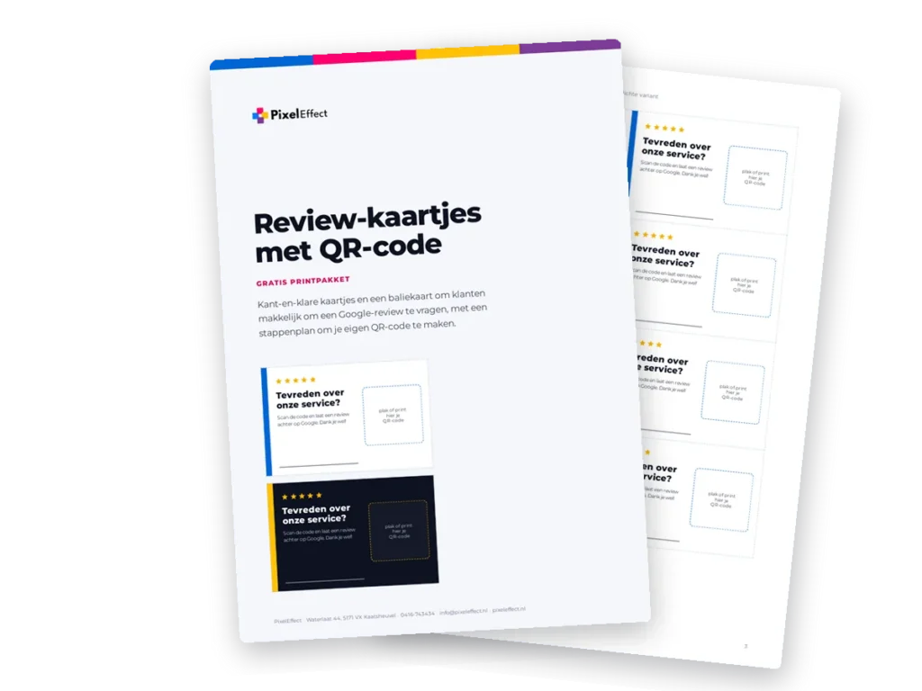 Voorbeeld van het gratis printpakket met review-kaartjes en QR-code van PixelEffect