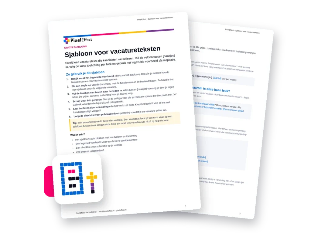 Voorbeeld van het gratis sjabloon voor vacatureteksten van PixelEffect: voorpagina en invulblokken